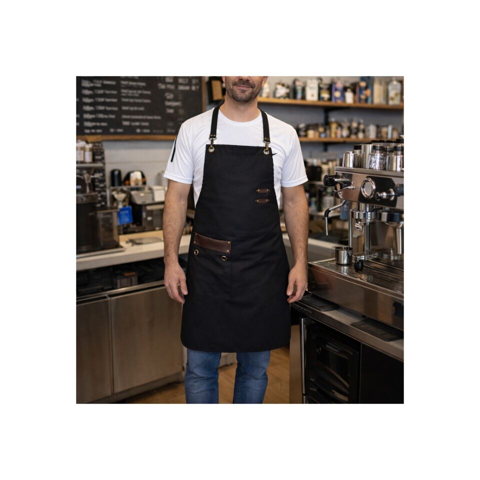 Barista  mutfak önlüğü  deri detaylı cepli cafe restaurant pastane kasap kuaför