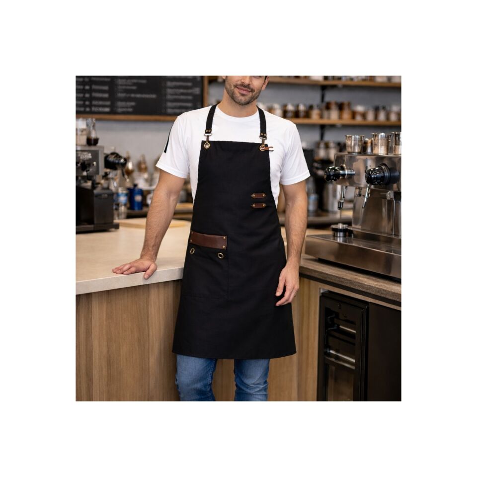 Barista  mutfak önlüğü  deri detaylı cepli cafe restaurant pastane kasap kuaför