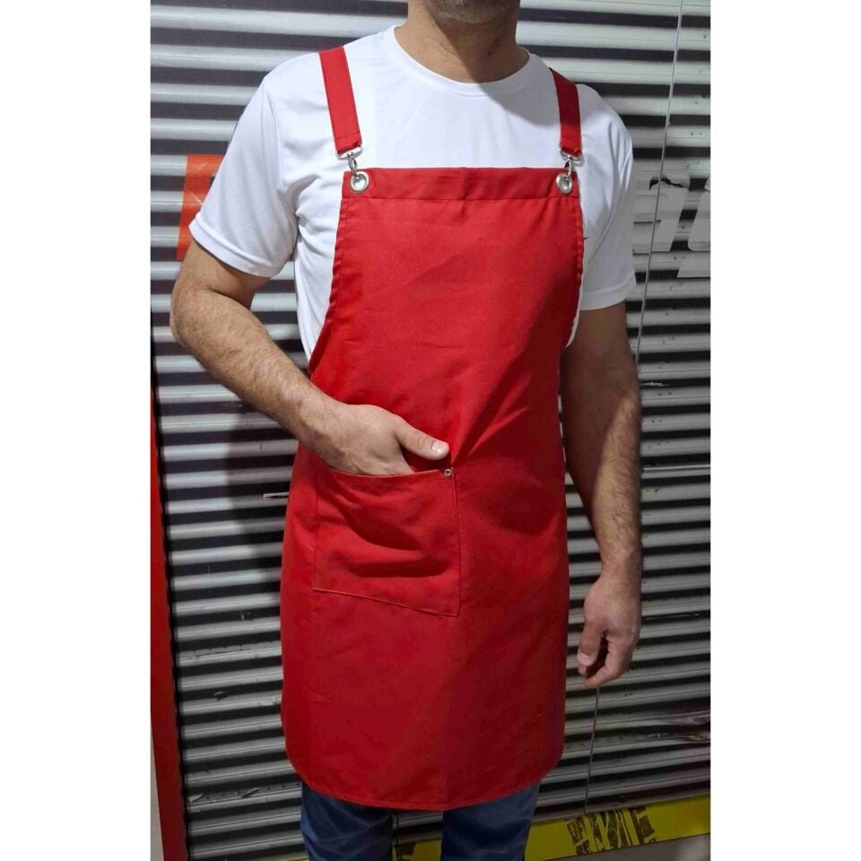 Dery Collection Mutfak Önlüğü Kırmızı Çapraz Askılı Kuşgözlü leke ve sıvı itici